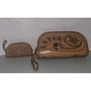 Vintage Handmade Leather Pouch With Zipper Featuring Floral Design &...
